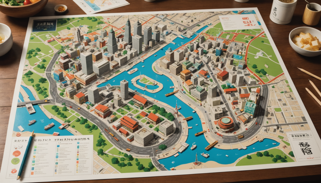 Cartes illustrées et parcours de quartiers à Osaka pour une chasse aux souvenirs